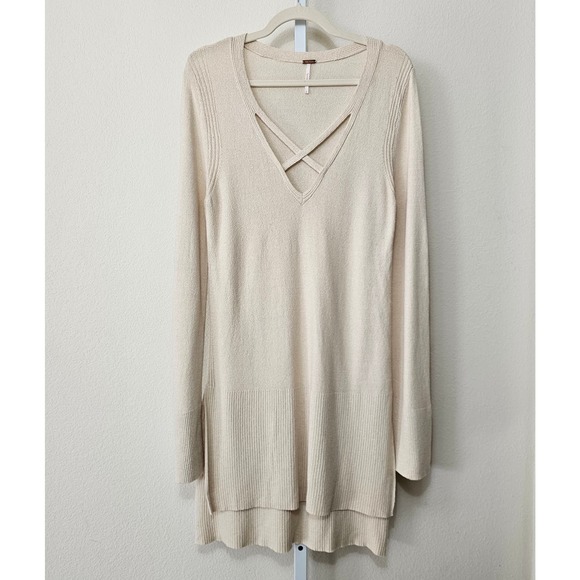 Free People Sweaters - FREE PEOPLE Women's Criss Cross Pull-Over Cream Long Slit Tunic Sweater Sz L